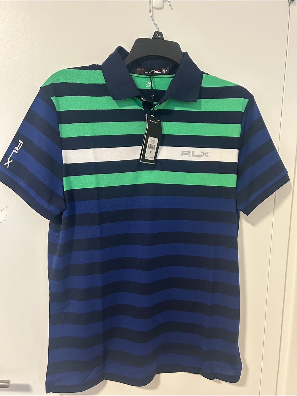 RLX Ralph Lauren Navy, Blue & Green Striped Polo